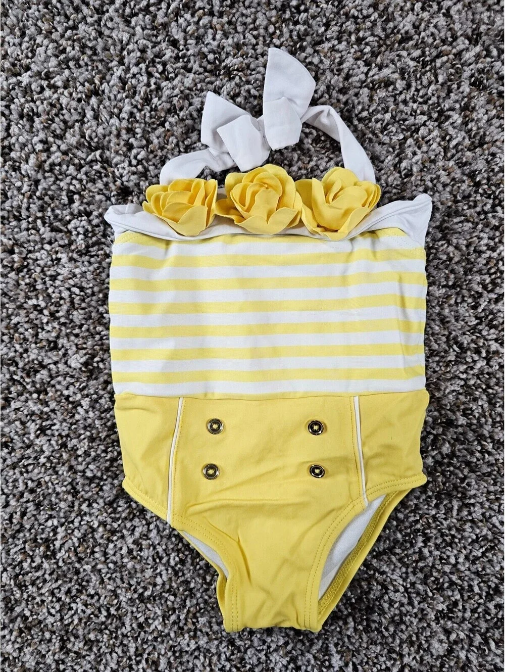 Janie & Jack Baby Girls Sz 6-12M One Piece Swimsuit Yellow White Striped Halter